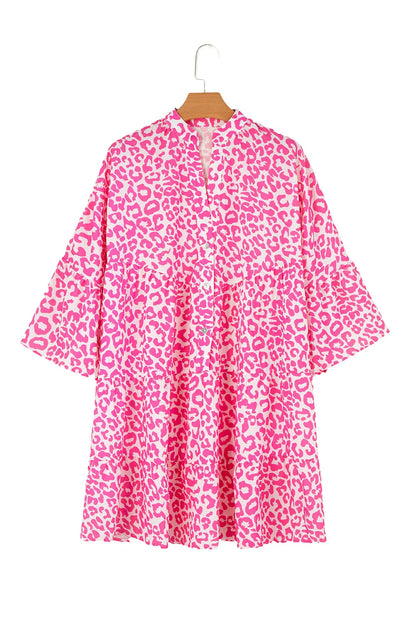 Bright Pink Leopard Printed Long Sleeve Buttoned Front Mini Dress - Chic Meadow Boutique 