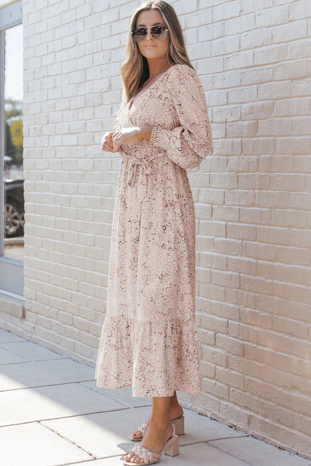 Leopard Surplice Neck Bubble Sleeve Maxi Dress with Sash - Chic Meadow Boutique 