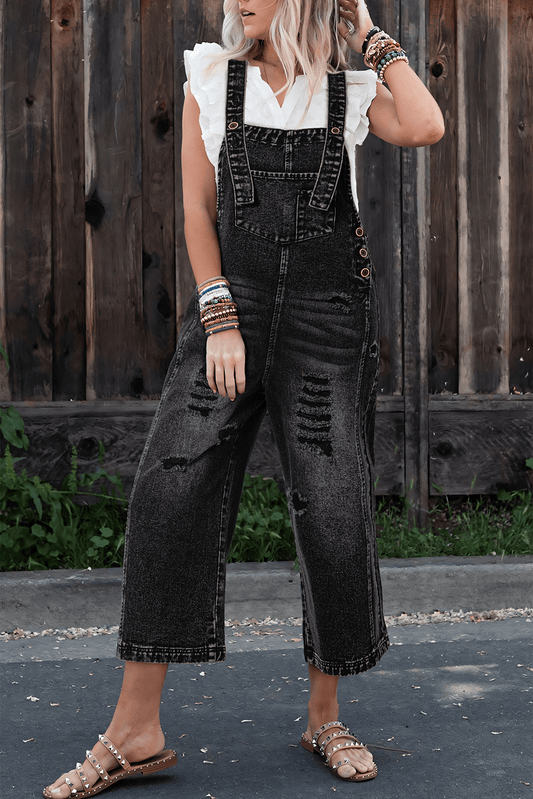 Bottoms/Jumpsuits & Rompers Black / S / 75%Cotton+25%Polyester Black Distressed Bib Pocket Wide Leg Denim Overall