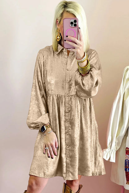 Apricot Metallic Sheen Puff Sleeve Button Up Mini Shirt Dress - Chic Meadow Boutique 