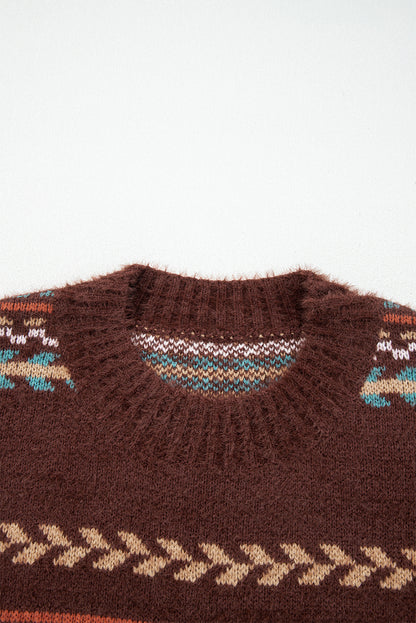 Brown Ethnic Pattern Mohair Knitted Drop Shoulder Sweater
