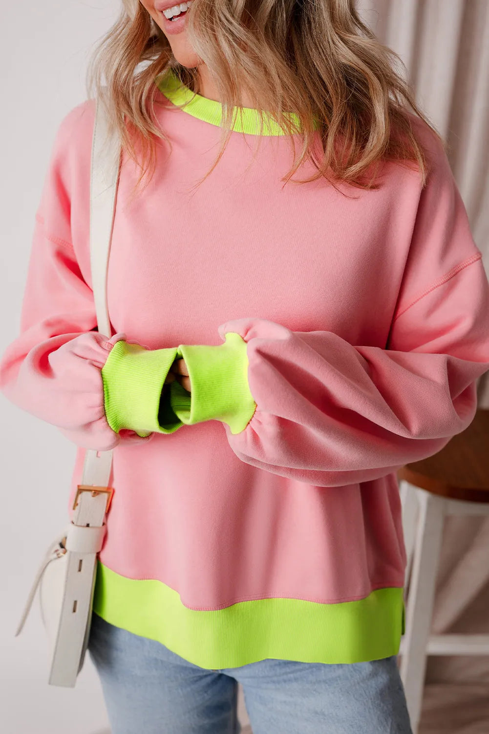 Pink Colorblock Bubble Sleeve Sweatshirt - Chic Meadow Boutique 