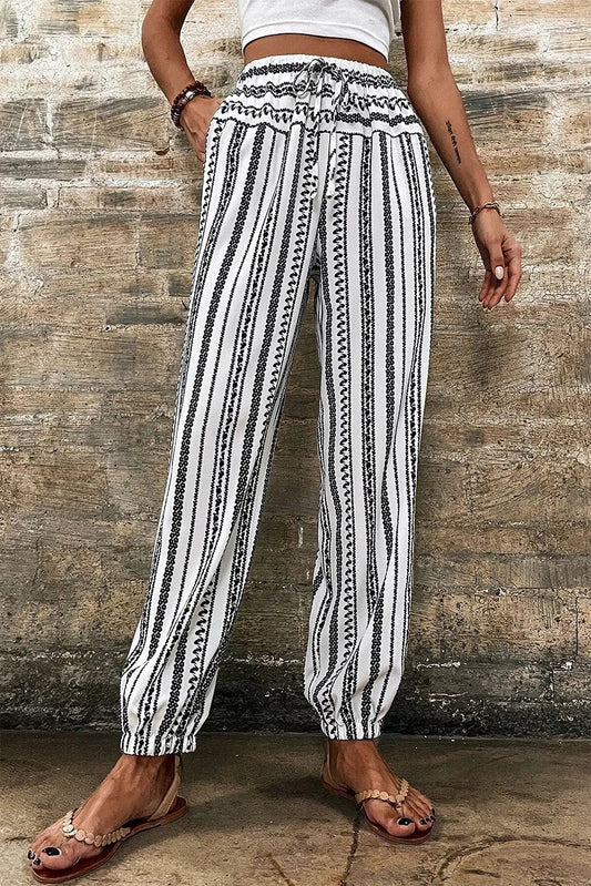 Black Stripe Boho Striped Print Casual Pants - Chic Meadow Boutique 