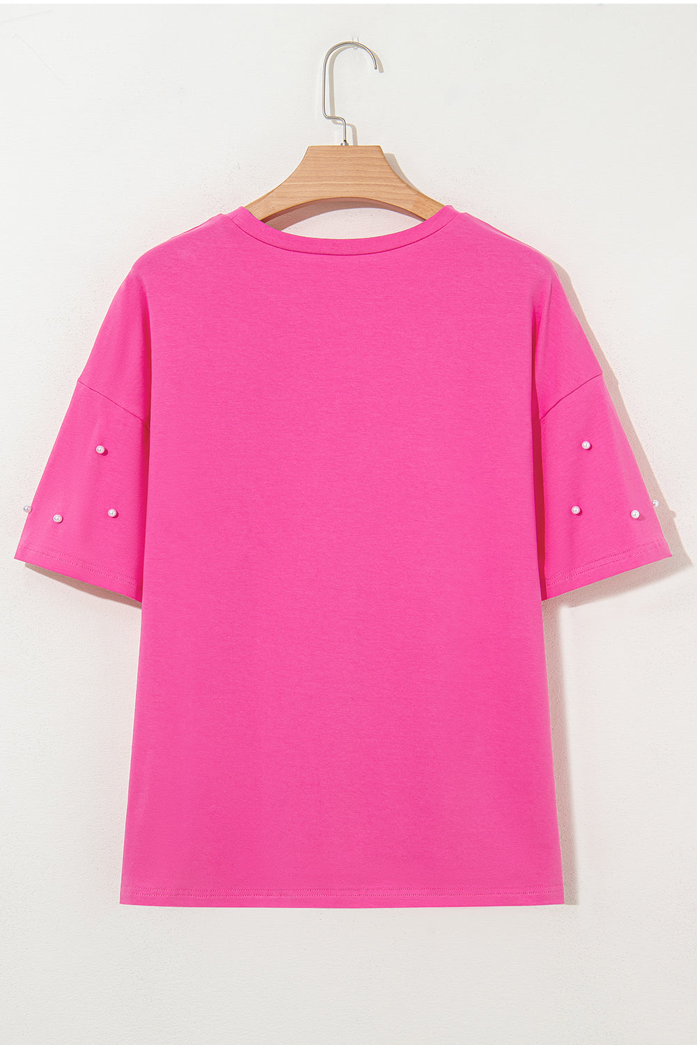 Bright Pink Pearl Beaded Drop Shoulder Crewneck T Shirt