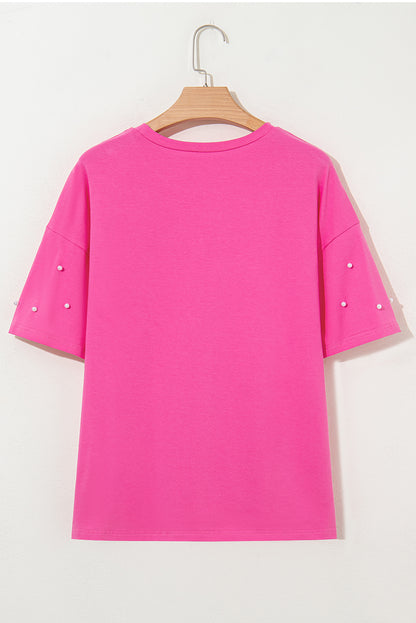 Bright Pink Pearl Beaded Drop Shoulder Crewneck T Shirt