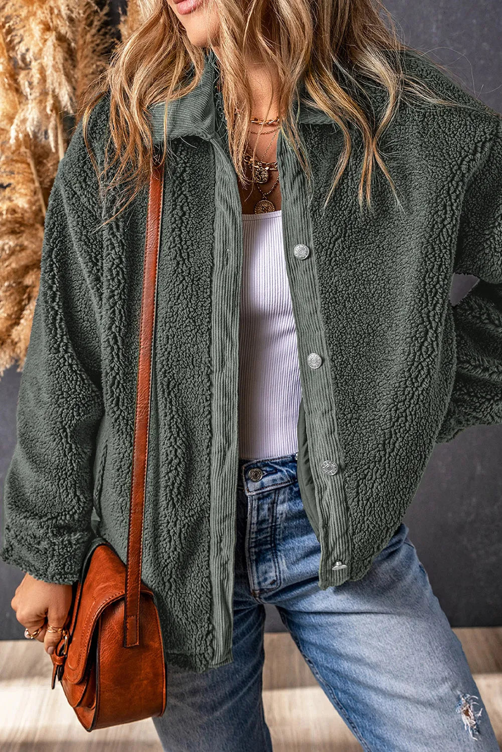 Gray Corduroy Trim Elbow Patch Sherpa Jacket - Chic Meadow Boutique 