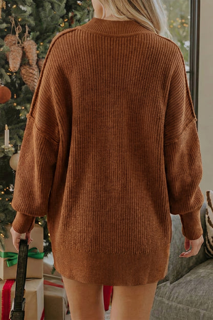 Chestnut Long Sleeve Ribbed Knit Stand Neck Regular Fit Pullover Sweater