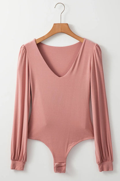 Fushia Plain V neck Long Sleeve Casual Bodysuit - Chic Meadow Boutique 