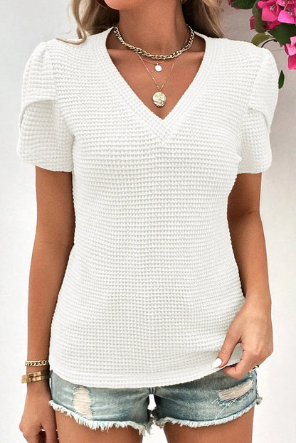 White V Neck Petal Sleeve Waffle Knit T-Shirt - Chic Meadow Boutique 