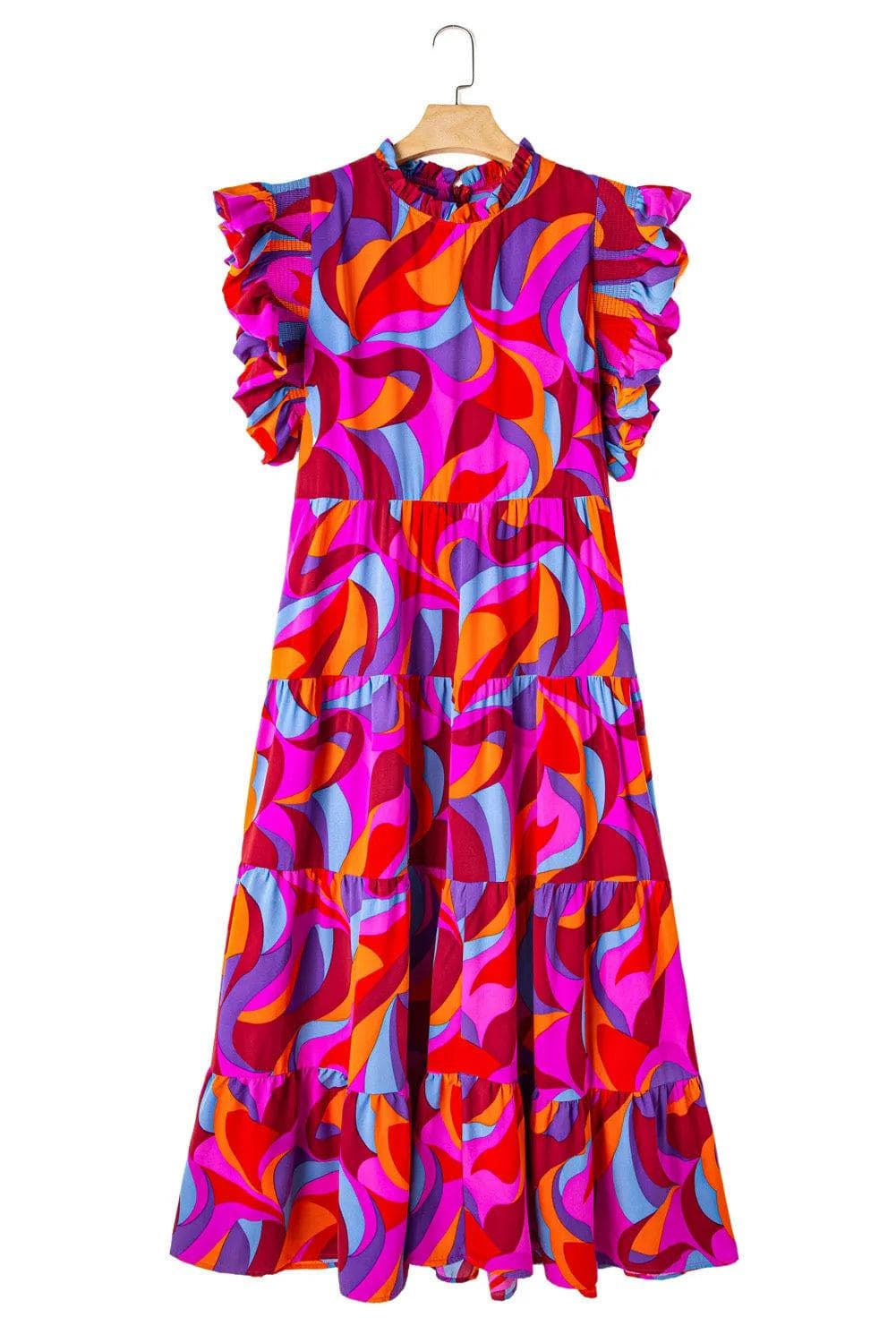 Plus Size/Plus Size Dresses/Plus Size Maxi Dresses Multicolour Plus Abstract Print Ruffled Mock Neck Tiered Maxi Dress