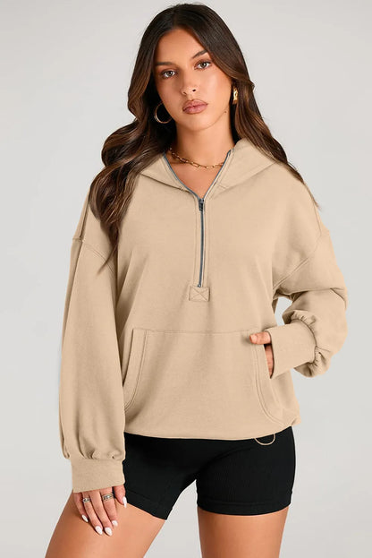 Parchment Solid Kangaroo Pocket Half Zipper Oversized Hoodie - Chic Meadow Boutique 