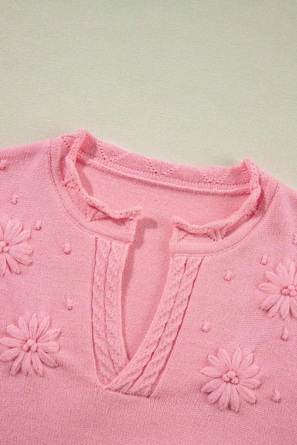 Peach Blossom Flower Detail Knitted Notched Neck Sweater - Chic Meadow Boutique 