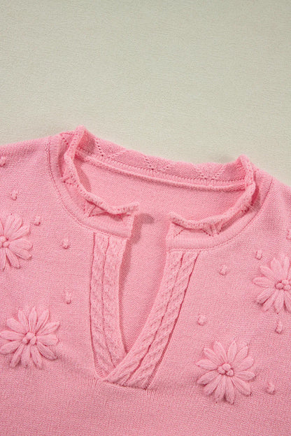 Peach Blossom Flower Detail Knitted Notched Neck Sweater - Chic Meadow Boutique 