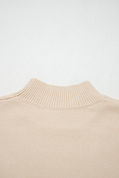 Parchment Corded Horseshoes Ribbed Trim Mock Neck Short Sleeve Sweater