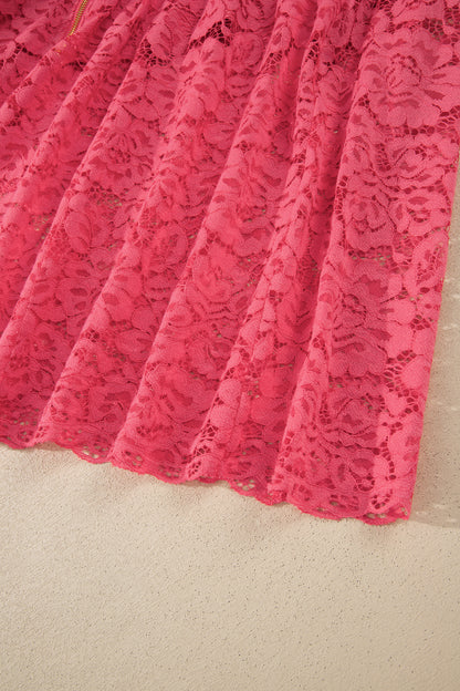 Coral Floral Lace Overlay Zip Up V Neck Smocked Waist Sleeveless Dress
