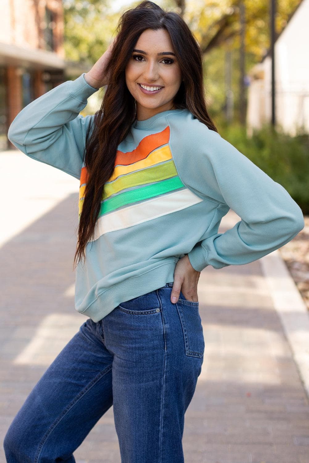 Tops/Sweatshirts & Hoodies Beau Blue Rainbow Colorblock Striped Pullover Sweatshirt