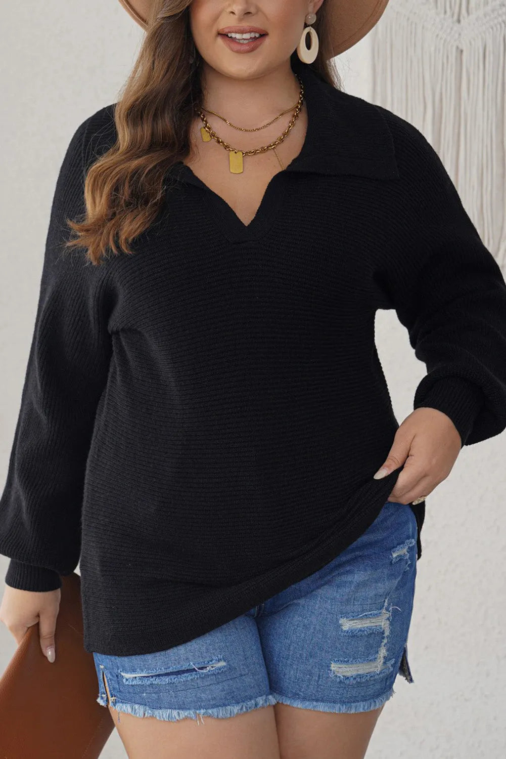 Black Ribbed Knit Lapel Neck Curvy Sweater - Chic Meadow Boutique 