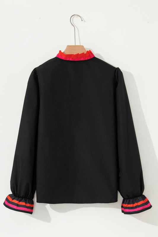 Black Striped Trim Ruffle Split Neck Long Sleeve Blouse