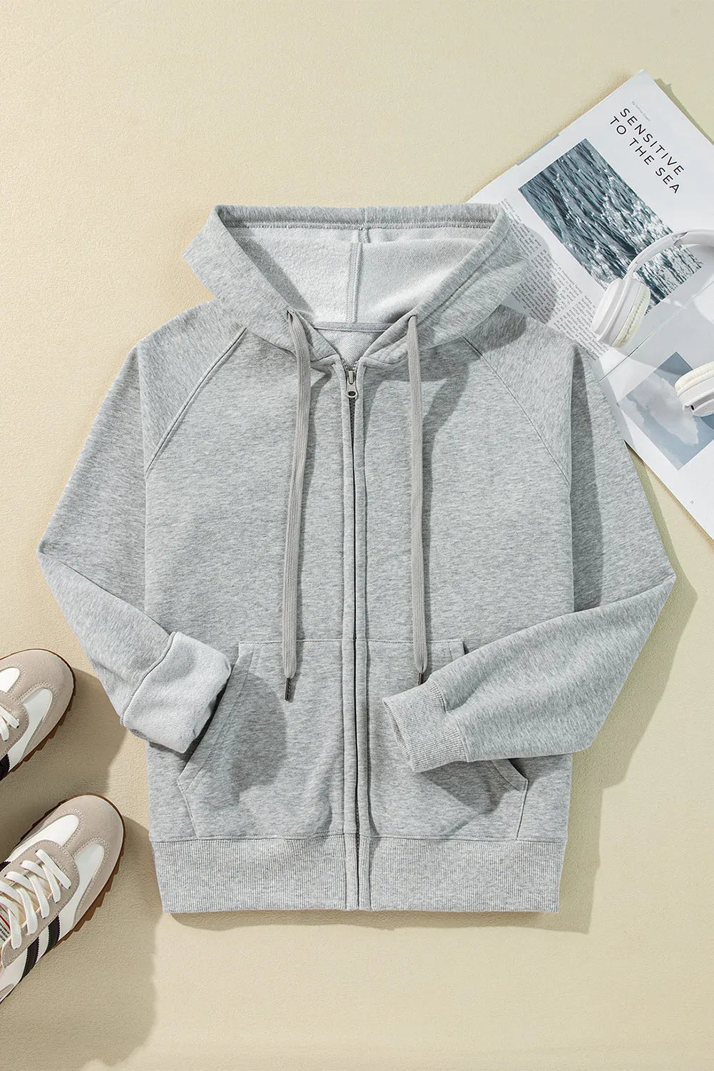 Light Grey Solid Color Fleece Lined Zip up Hoodie - Chic Meadow Boutique 