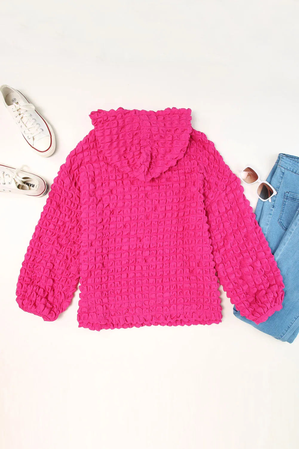 Rose Bubble Textured Waffle Hoodie - Chic Meadow Boutique 