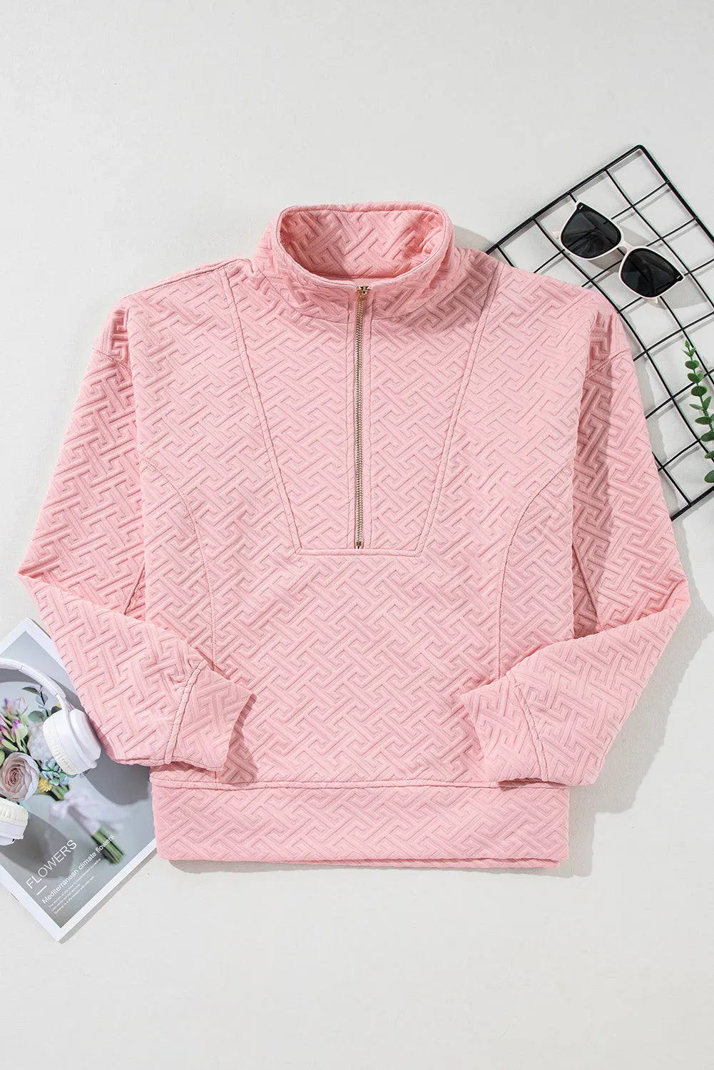 Light Pink Solid Textured Half Zipper Collared Sweatshirt - Chic Meadow Boutique 