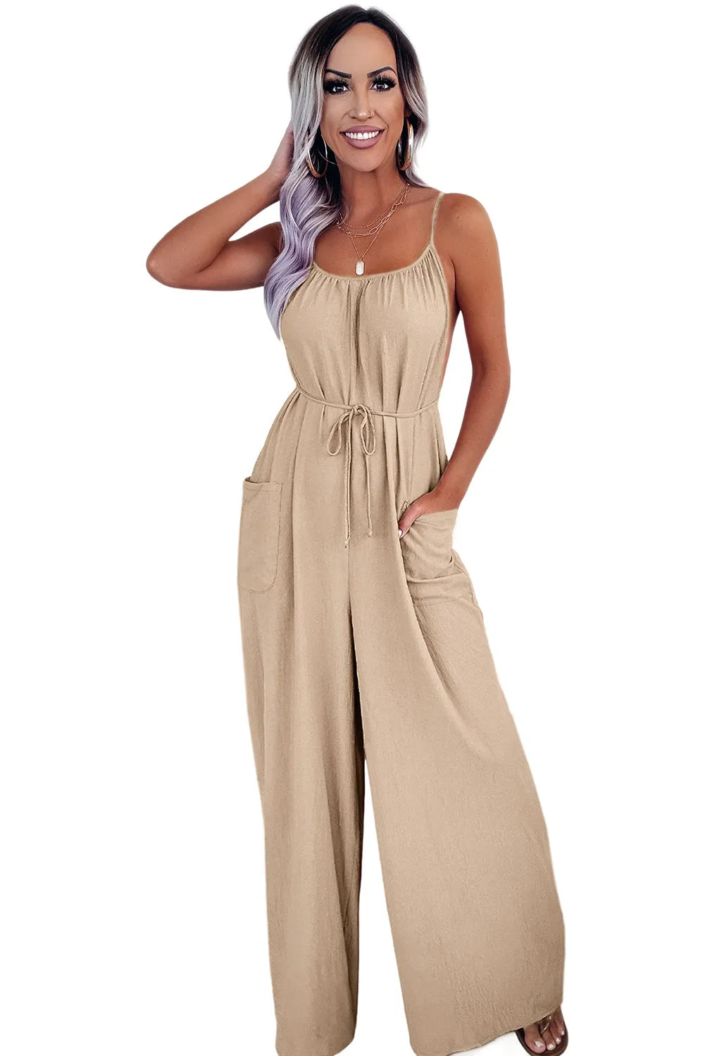 Apricot Spaghetti Straps Waist Tie Wide Leg Jumpsuit with Pockets - Chic Meadow Boutique 