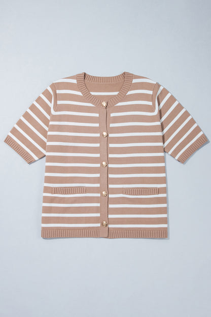 Khaki Stripe Button Down Short Sleeve Knit Plus Size Cardigan