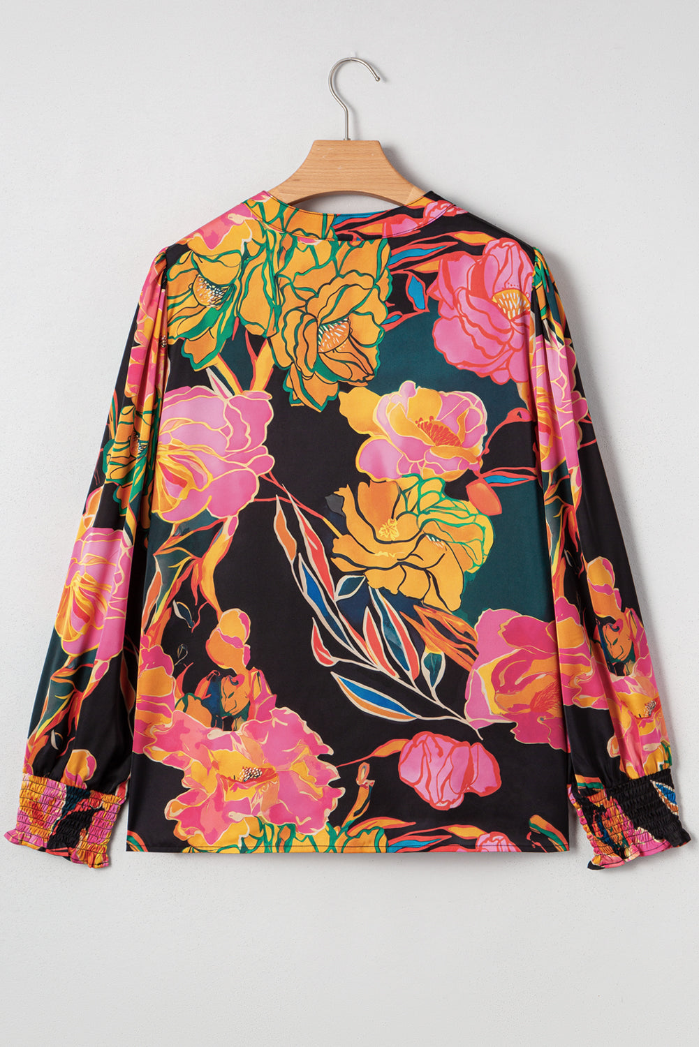 Black Floral Print Smocked Cuffs Puff Sleeve V Neck Blouse