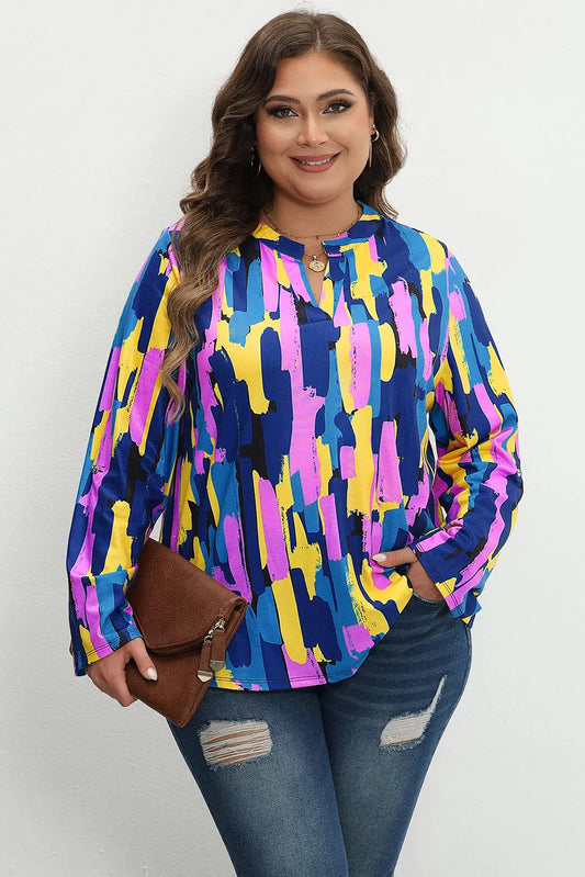 Blue Plus Size Brushstroke Print 3/4 Sleeve Blouse - Chic Meadow Boutique 