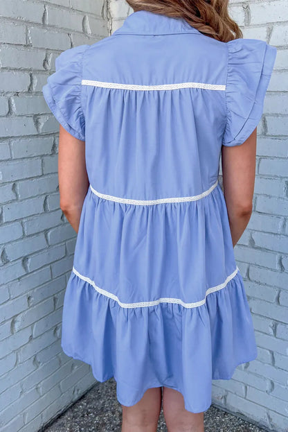 Sky Blue Lace Trim Accent Ruffled Tiered Dress - Chic Meadow Boutique 