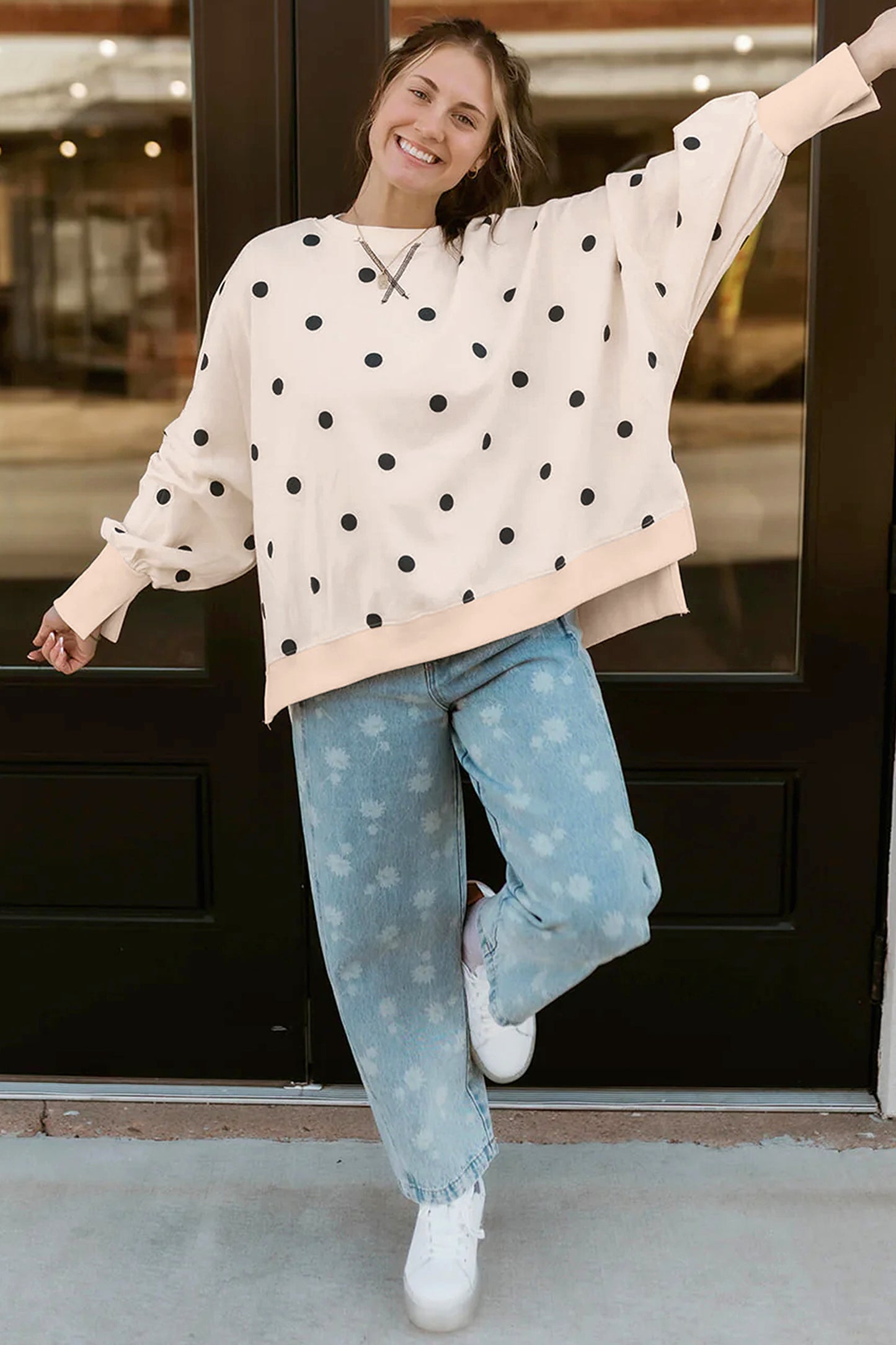Beige Loose-fit Long Sleeve Round Neck Polka Dot Tunic Sweatshirt