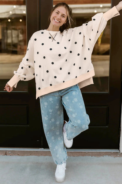 Beige Loose-fit Long Sleeve Round Neck Polka Dot Tunic Sweatshirt