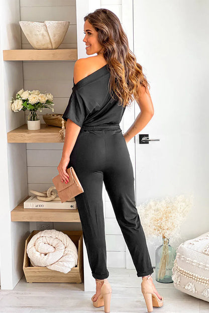 Black Tie Waist Short Sleeve Tapered Jumpsuit - Chic Meadow Boutique 