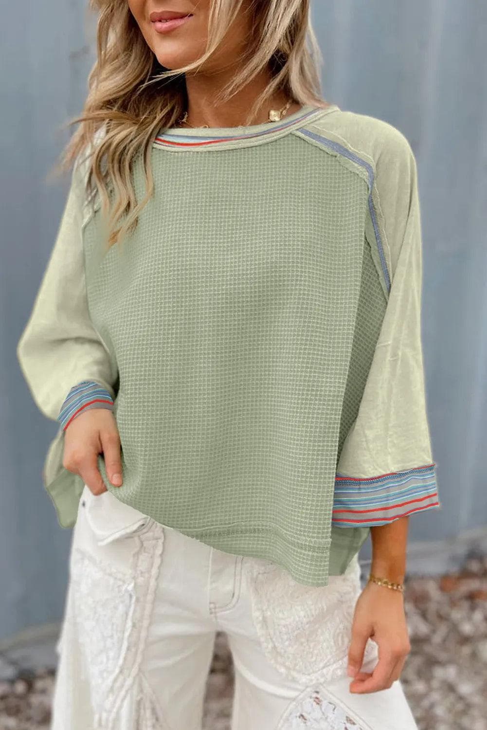 Tops/Long Sleeve Tops Meadow Mist Green / S / 95%Polyester+5%Elastane Meadow Mist Green Waffle Knit Wide Bracelet Sleeve Patchwork Raglan Top