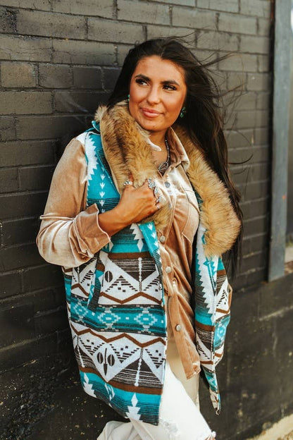 Blue Aztec W Fur Collar Vest