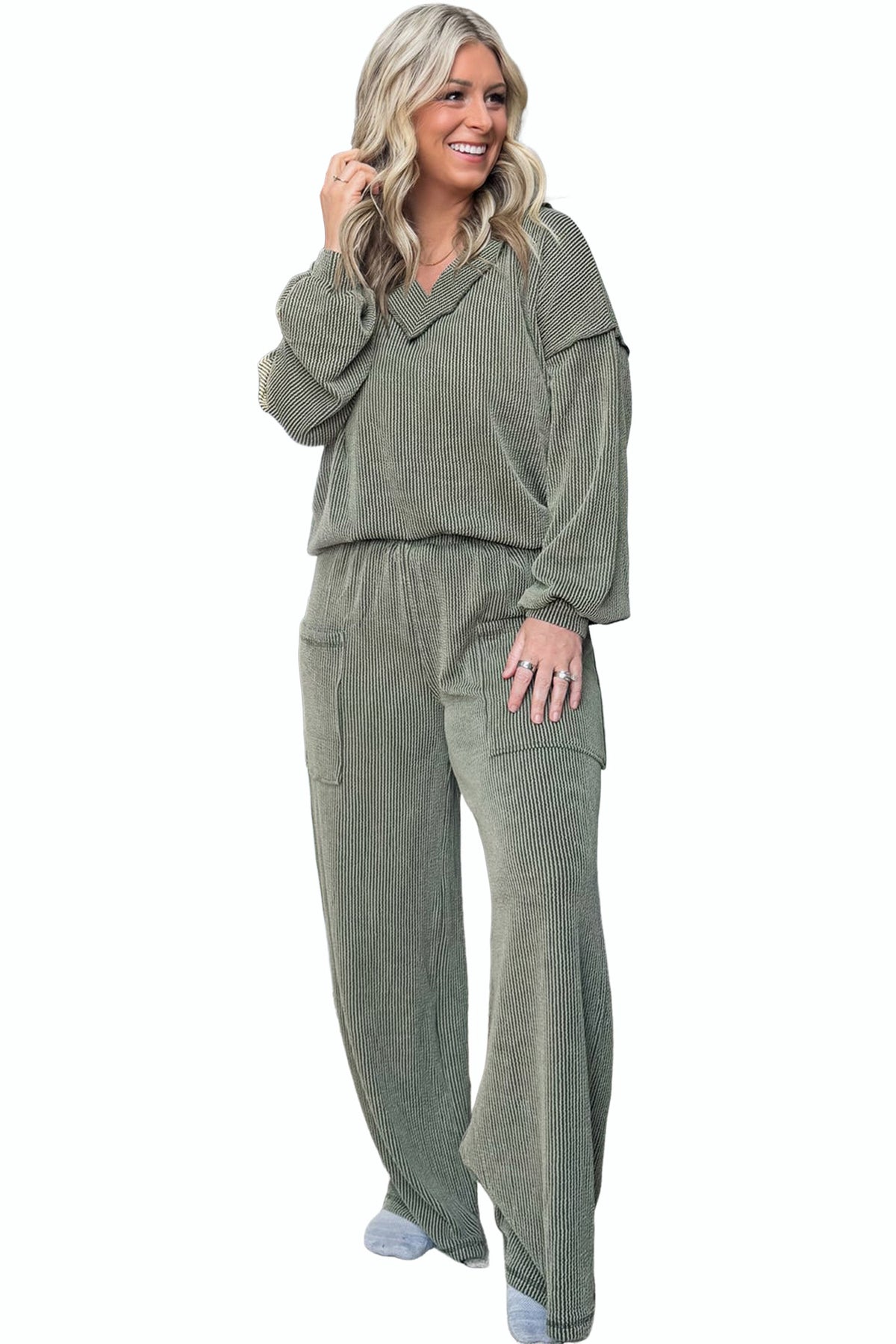 Four Leaf Clover Twisted Ribbed Exposed Seam Detail V Neck Pullover Plus Size Pant Set