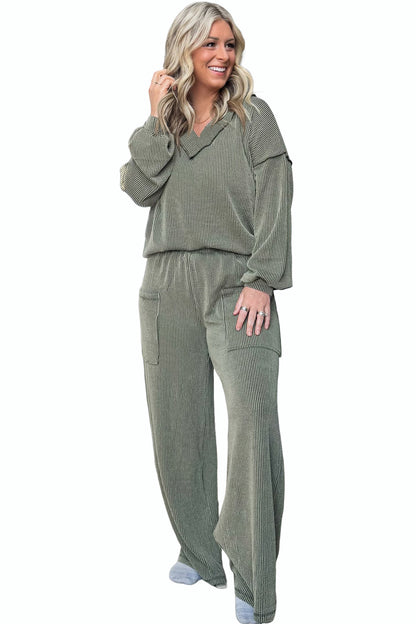 Four Leaf Clover Twisted Ribbed Exposed Seam Detail V Neck Pullover Plus Size Pant Set