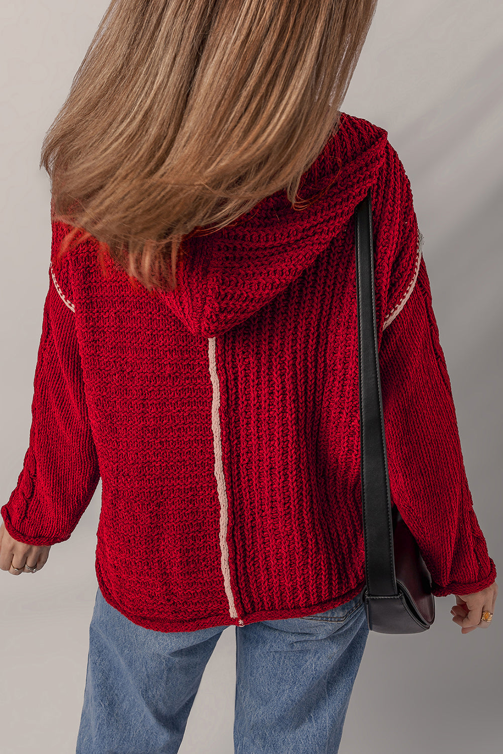 Racing Red Color Contrast Trim Textured Knit Drawstring Hooded Sweater