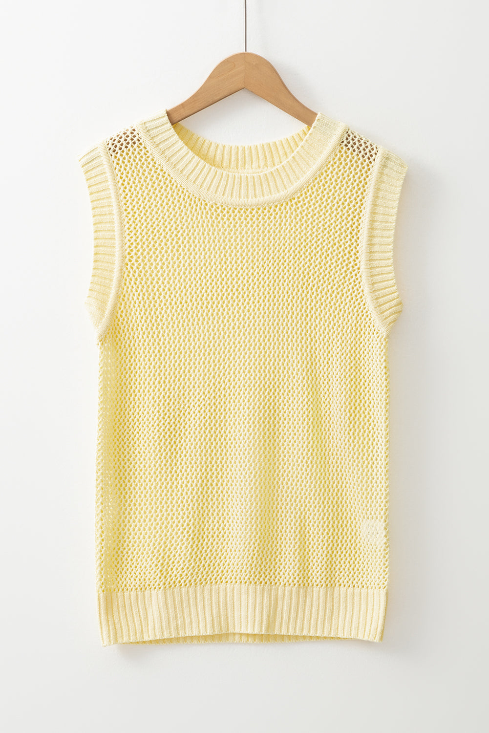 Yellow Solid Color Hollowed Knit Round Neck Sweater Vest