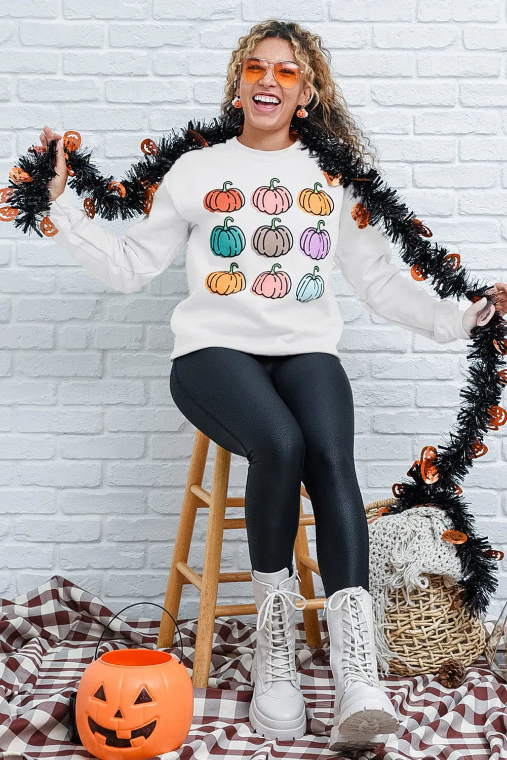 Beige Vibrant Pumpkins Print Crew Neck Halloween Sweatshirt - Chic Meadow Boutique 