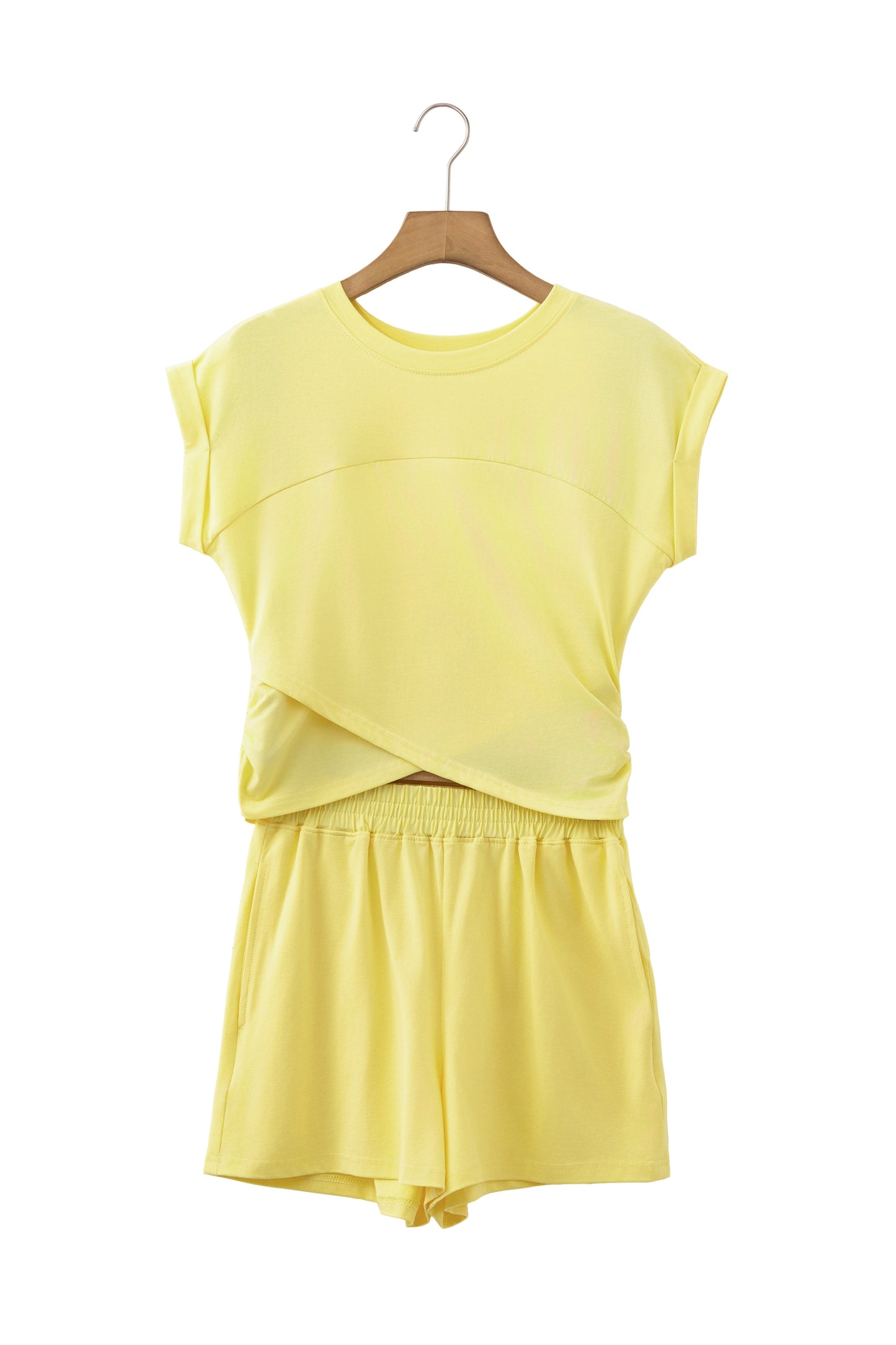 Yellow Cream Solid Short Sleeve Elastic Waist Pocket Casual Two Piece Short Set
