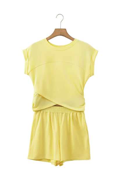 Yellow Cream Solid Short Sleeve Elastic Waist Pocket Casual Two Piece Short Set