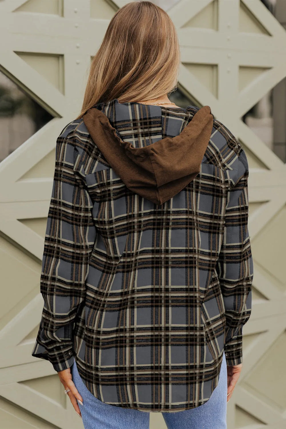 Contrast Hooded Drawstring Plaid Shacket - Chic Meadow Boutique 