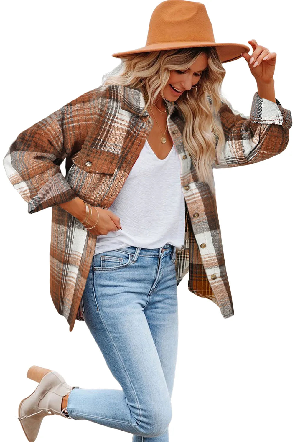 Brown Plaid Flap Pockets Shacket - Chic Meadow Boutique 