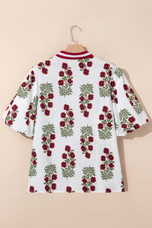White Plus Size Floral Print Ricrac Striped Trim Short Sleeve Cotton Blouse