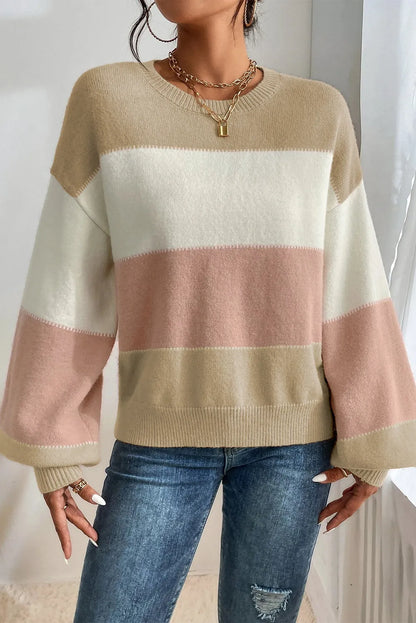 Dusty Pink Color Block Lantern Sleeve Drop Shoulder Sweater - Chic Meadow Boutique 