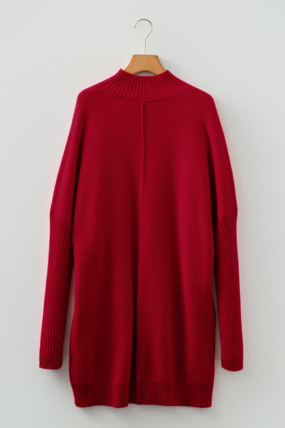 Fiery Red Ribbed High Neck Front Pockets Center Seam Shift Sweater Dress