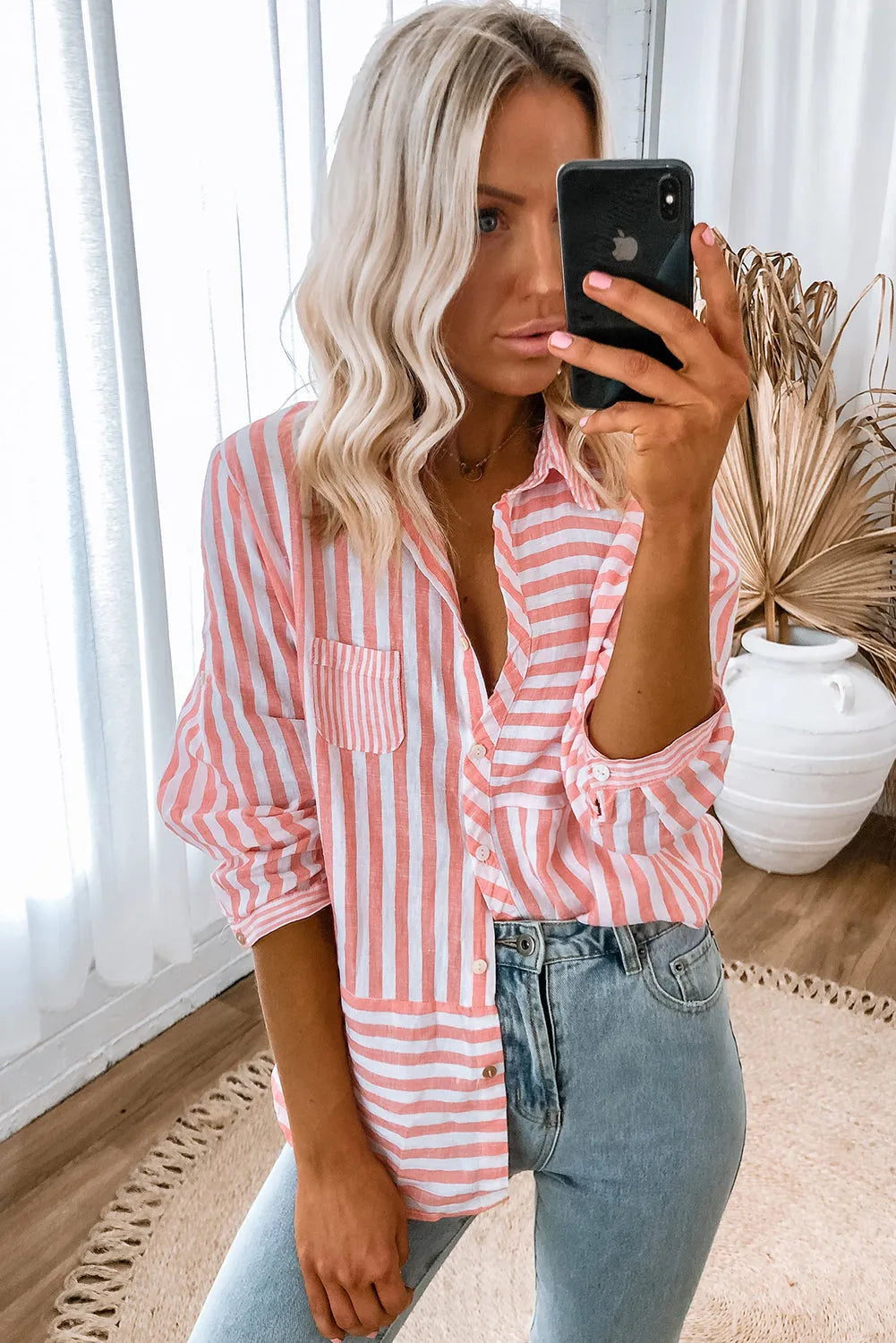 Pink Stripe Buttoned Long Sleeve Casual Shirt - Chic Meadow Boutique 