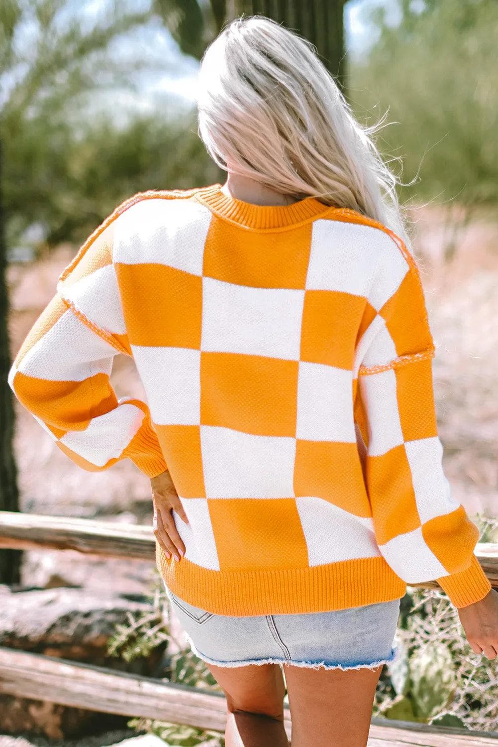 Tops/Sweaters & Cardigans Orange Checkered Bishop Sleeve Sweater