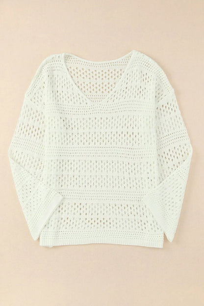 White Hollow Out Crochet V Neck Pullover Sweater - Chic Meadow Boutique 